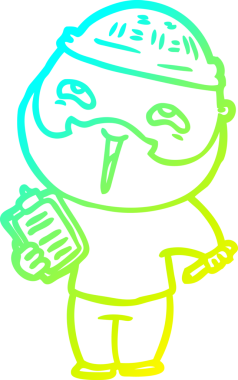 Bir insan tarafından çizilmiş, mutlu, sakallı, çizgi film karakteri.