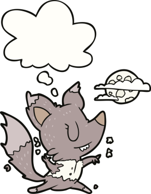 Bir insan tarafından çizilmiş düşünce baloncuğuyla ay ışığında değişen kurtadam çizgi filmi.