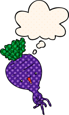 Çizgi roman tarzında bir insan tarafından çizilmiş düşünce baloncuklu şalgam.