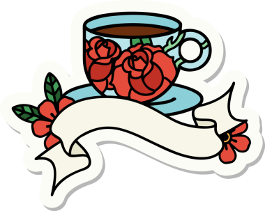 Bir fincanın pankartıyla dövme stili çıkartması ve bir insanın çizdiği çiçekler