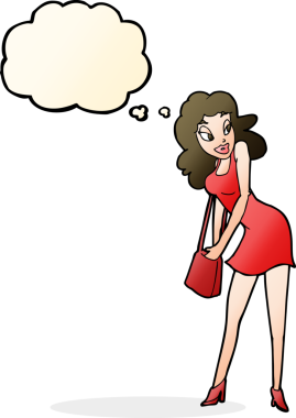 Bir insan tarafından çizilmiş düşünce balonuyla el çantasına bakan karikatür kadın.