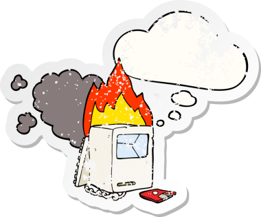 İnsan tarafından çizilmiş yıpranmış bir çıkartma gibi düşünce baloncuklu çizgi film bozuk bilgisayarı