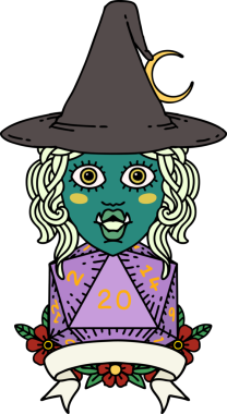 Retro Dövme Biçimi Bir insan tarafından çizilmiş doğal 20 zarlı yarı ork cadı karakteri