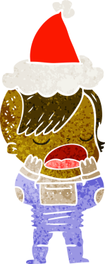 Uzay elbisesi içinde Noel Baba şapkası giyen havalı bir kızın insan tarafından çizilmiş eski bir çizgi filmi.