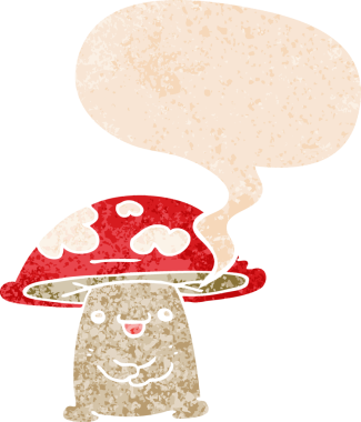 bir insan tarafından çizilmiş grunge sıkıntılı retro desenli konuşma baloncuklu mantar karakteri