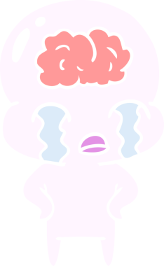 Düz renkli çizgi film. Bir insan tarafından çizilmiş büyük beyinli uzaylı ağlaması.