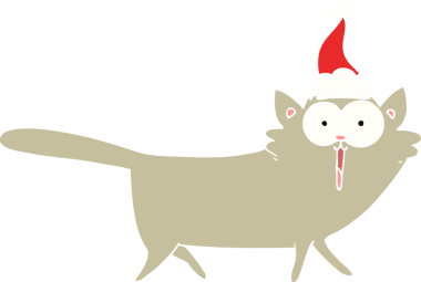 Bir insan tarafından çizilmiş Noel Baba şapkası takan bir kedinin düz renk çizimi.