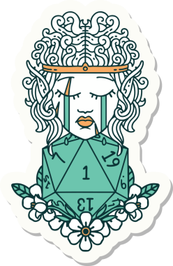 Ağlayan elf barbar karakterinin çıkartması. Bir insan tarafından çizilmiş doğal bir D20 rulo.