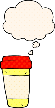 Çizgi roman tarzında bir insan tarafından çizilmiş düşünce balonlu kahve fincanı.