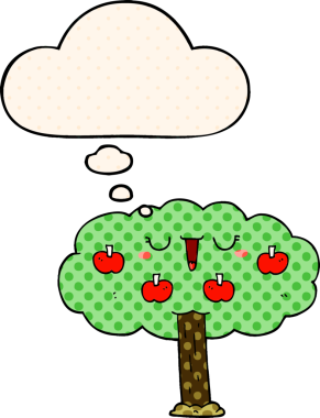 Çizgi roman tarzında bir insan tarafından çizilmiş düşünce baloncuğu olan elma ağacı.