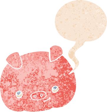 çizgi film mutlu domuz konuşma balonu ile grunge sıkıntılı retro tarzı bir insan tarafından çizilmiş