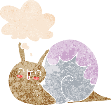 Tatlı çizgi film salyangozu. Düşünce baloncuğu ve grunge dertli retro desenli bir insan tarafından çizilmiş.