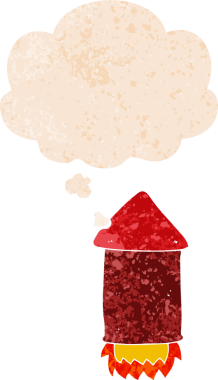 Düşünce baloncuklu çizgi film roketi grunge sıkıntılı retro desen bir insan tarafından çizilmiş