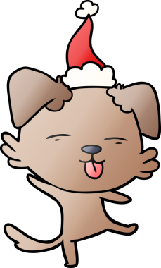 Bir insan tarafından çizilmiş Noel Baba şapkası giymiş dans eden bir köpeğin el çizimi karikatürü.