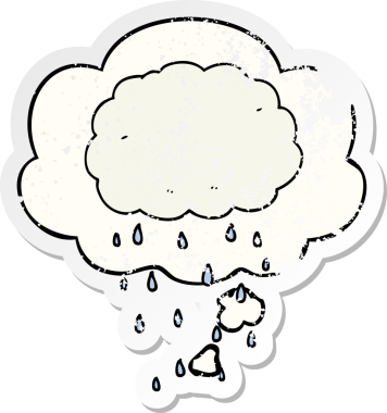 Düşünce baloncuklu karikatür yağmur bulutu insan tarafından çizilmiş yıpranmış bir çıkartma.