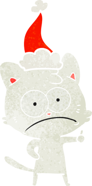 Bir insan tarafından çizilmiş Noel Baba şapkası takan gergin bir kedinin el çizimi karikatürü.