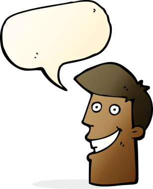 Bir insan tarafından çizilmiş konuşma balonuyla sırıtan çizgi film adamı.