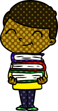 Bir insan tarafından çizilmiş kitapları olan çizgi film çocuğu.