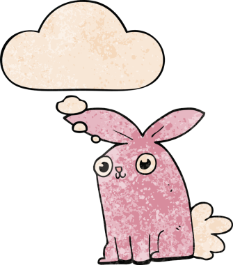 Bir insan tarafından çizilmiş grunge desenli düşünce baloncuklu çizgi film tavşanı.