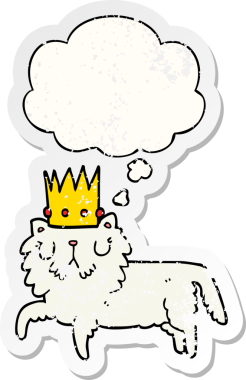 Düşünce baloncuklu taç takan çizgi film kedisi insan tarafından çizilmiş yıpranmış bir çıkartma gibi.