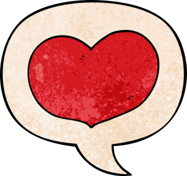 Bir insan tarafından çizilmiş eski dokuda konuşma baloncuğu olan karikatür aşk kalbi.
