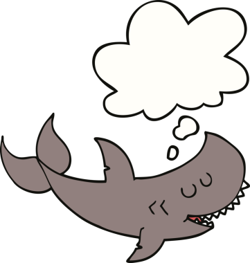 Bir insan tarafından çizilmiş düşünce baloncuklu çizgi film köpekbalığı.