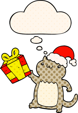 Çizgi roman tarzında bir insan tarafından çizilmiş düşünce baloncuğu olan şirin bir çizgi roman kedisi.