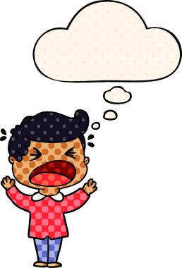 Bir insan tarafından çizilmiş çizgi roman tarzında düşünce balonlu bir adam.