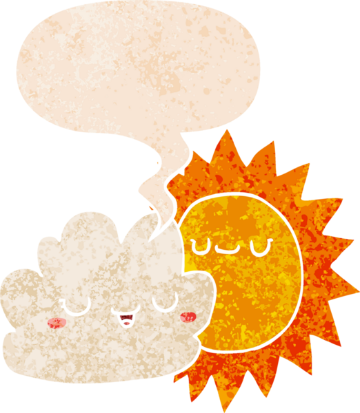 bir insan tarafından çizilmiş grunge sıkıntılı retro stil konuşma balonu ile çizgi film güneş ve bulut