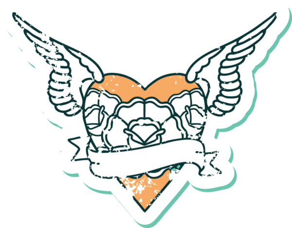 İkonik sıkıntılı dövme stili kanatlı kalp resmi çiçekler ve bir insan tarafından çizilmiş pankart