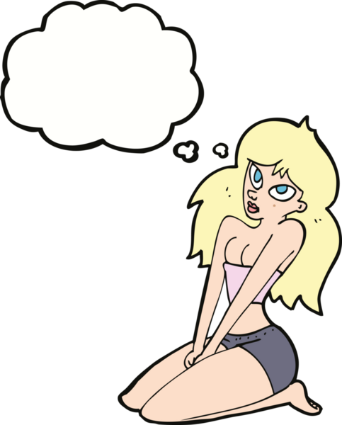 Bir insan tarafından çizilmiş düşünce baloncuğu olan dar elbiseli karikatür kadın.