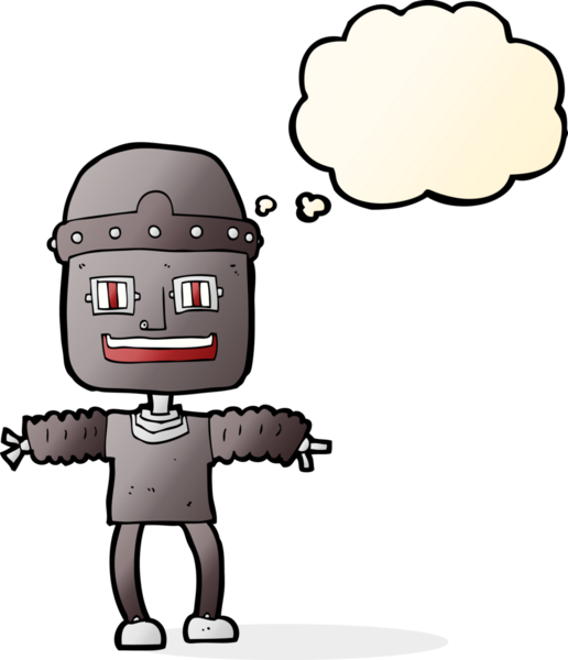 Bir insan tarafından çizilmiş düşünce baloncuklu çizgi film robotu
