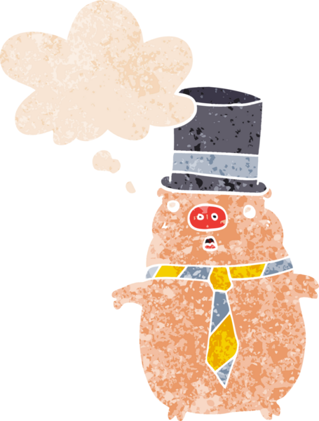 Homurdanan düşünce baloncuğu olan çizgi film iş domuzu insan tarafından çizilmiş dertli retro tarzı.