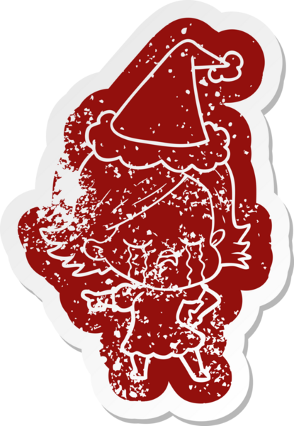 Ağlayan ve Noel Baba şapkası takan bir kızın hüzünlü karikatürü.