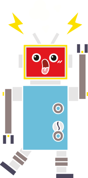 Bir insan tarafından çizilen robot arızasının düz renk retro karikatürü