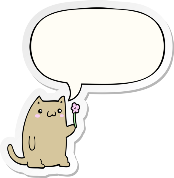 Bir insan tarafından çizilmiş baloncuk çıkartmalı, çiçekli şirin çizgi film kedisi.