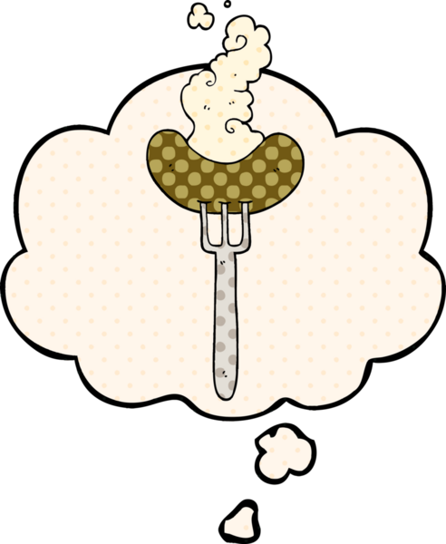 Çizgi roman tarzında bir insan tarafından çizilmiş düşünce baloncuğu olan çatal üzerinde çizgi film sosisi.