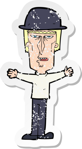 Bir insan tarafından çizilmiş melon şapka giyen bir çizgi film karakterinin gerilimli çıkartması.