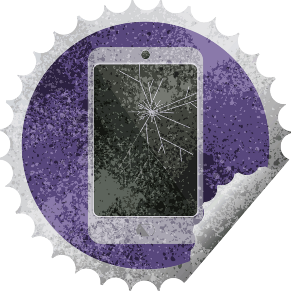 Bir insan tarafından çizilmiş çatlak cep telefonu grafik vektör illüstrasyon yuvarlak etiket