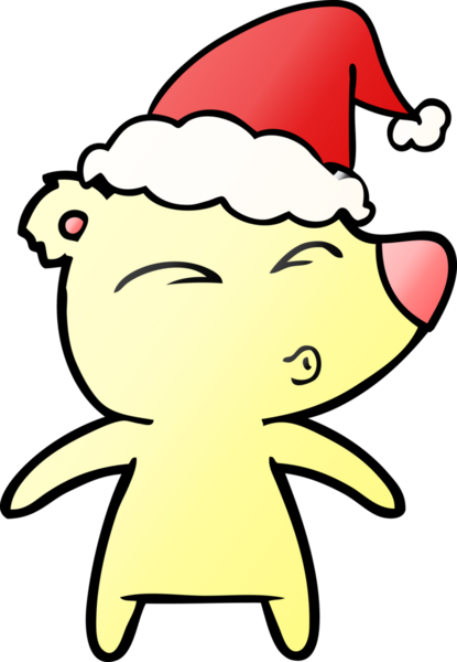 Bir insan tarafından çizilmiş Noel Baba şapkası giymiş bir ayının el çizimi karikatürü.