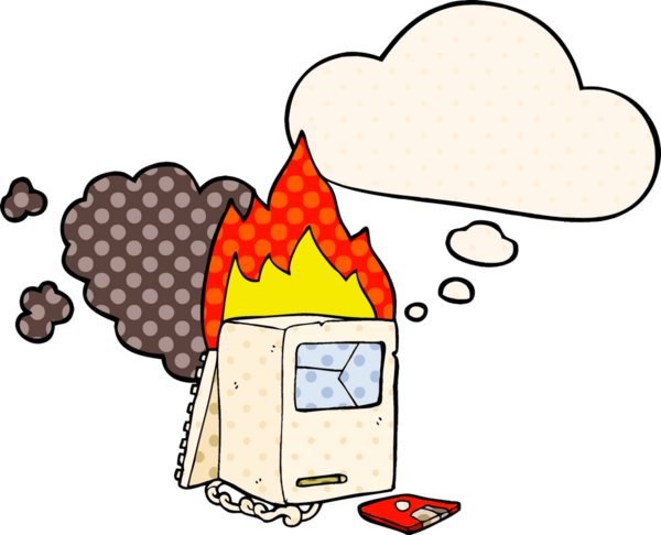 Bir insan tarafından çizilmiş, düşünce baloncuklu çizgi film bozuk bilgisayarı.