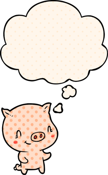 Çizgi roman tarzında bir insan tarafından çizilmiş düşünce baloncuklu bir domuz.