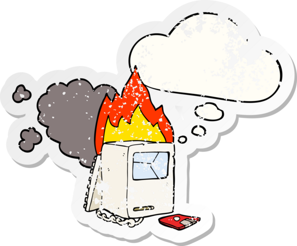 İnsan tarafından çizilmiş yıpranmış bir çıkartma gibi düşünce baloncuklu çizgi film bozuk bilgisayarı