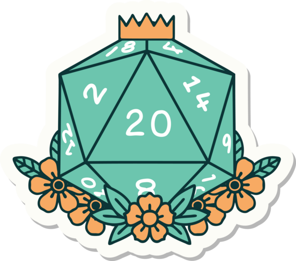 Bir insan tarafından çizilmiş 20 D20 zarının etiketi.