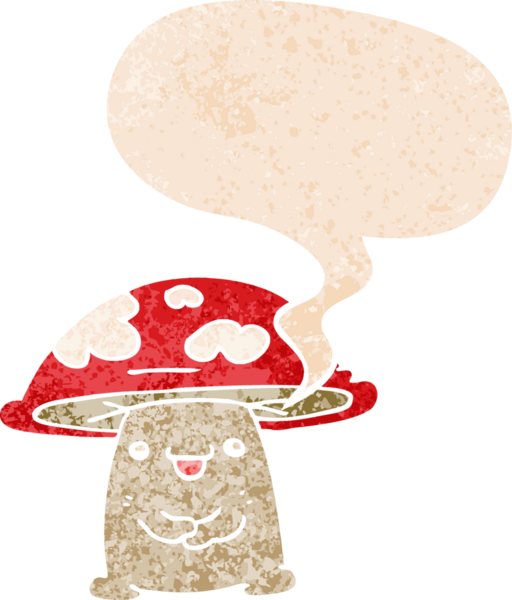 bir insan tarafından çizilmiş grunge sıkıntılı retro desenli konuşma baloncuklu mantar karakteri