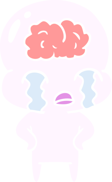 Düz renkli çizgi film. Bir insan tarafından çizilmiş büyük beyinli uzaylı ağlaması.