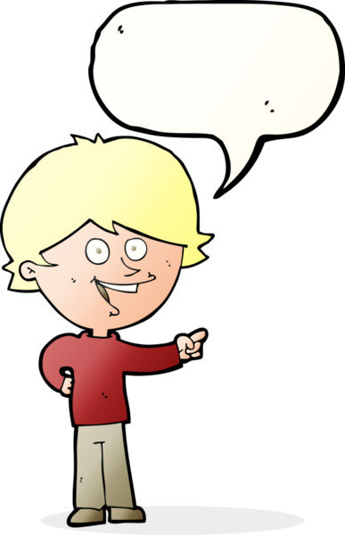 Bir insan tarafından çizilmiş konuşma balonuyla gülen ve işaret eden çizgi film çocuğu.