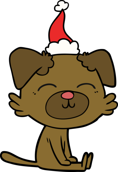 Bir insan tarafından çizilmiş Noel Baba şapkası takan bir köpeğin el çizimi.