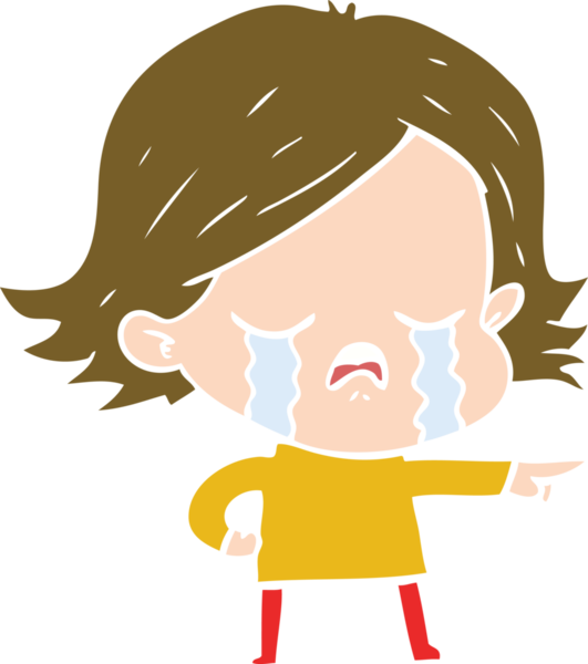 Düz renkli çizgi film kızı ağlıyor ve bir insan tarafından çiziliyor.