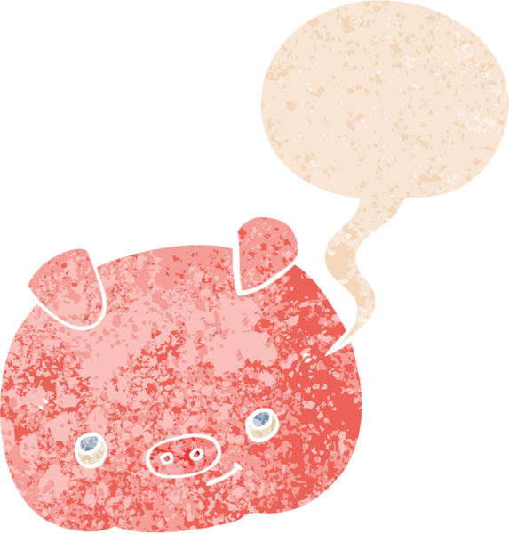 çizgi film mutlu domuz konuşma balonu ile grunge sıkıntılı retro tarzı bir insan tarafından çizilmiş